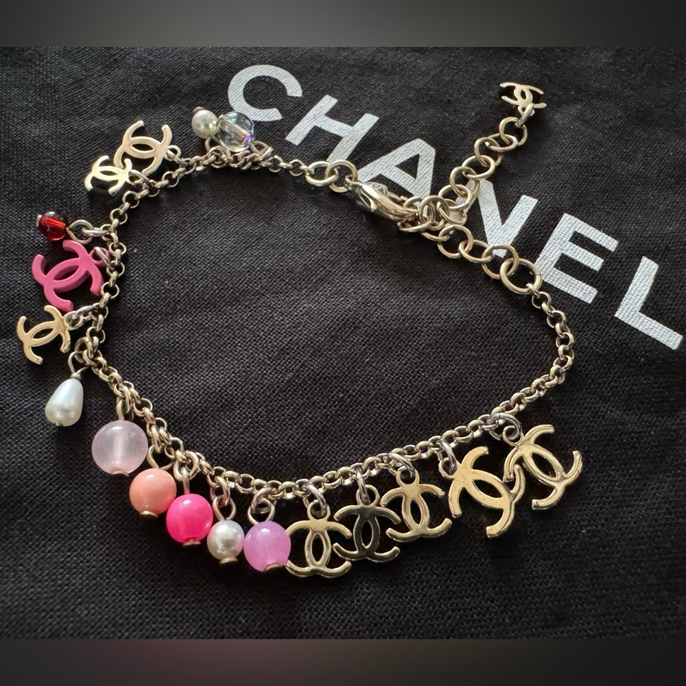Chanel bracelet pink gold CC logo charms
